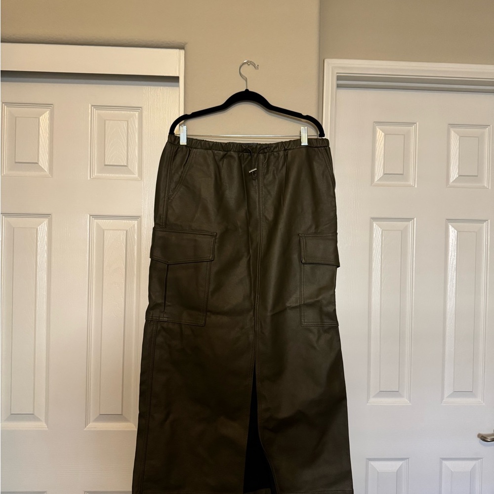 Women’s Leather Olive Cargo Skirt